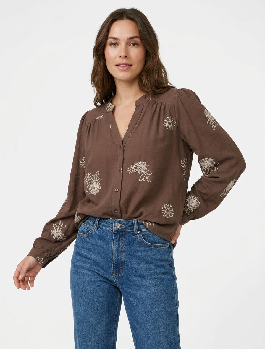 Blouse fluide à broderies florales - Marron