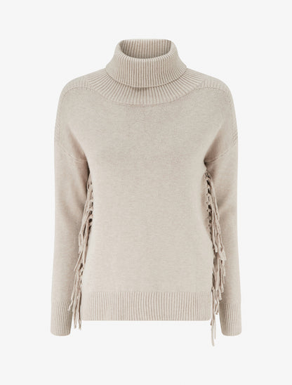 Pull uni frangés à col roulé - Taupe - 1