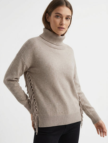 Pull uni frangés à col roulé - Taupe