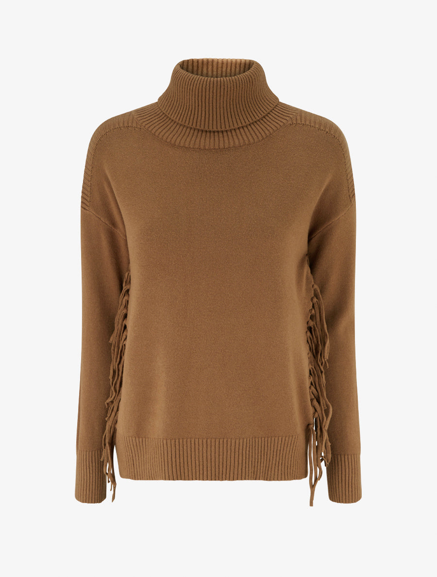 Pull uni frangés à col roulé - Camel - 1