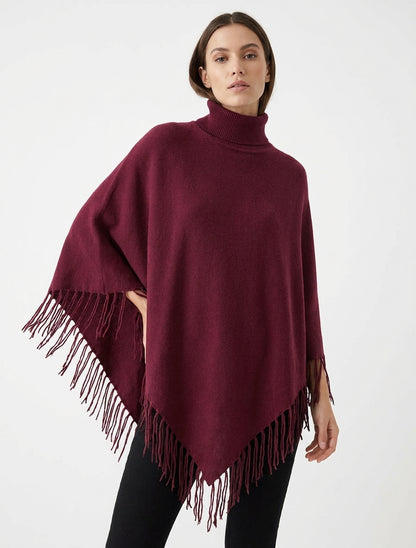 Poncho oversize à franges - Lie de vin