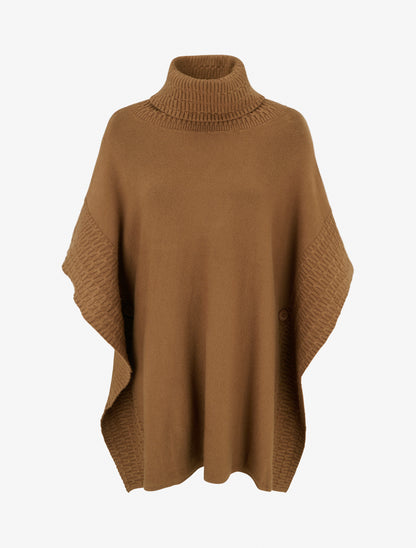 Poncho ample à col roulé en maille fantaisie - Camel - 1