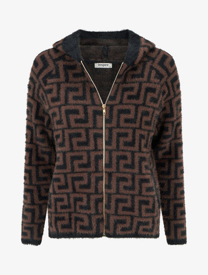 Sweat à capuche en maille duveteuse imprimé graphique - Marron - 1