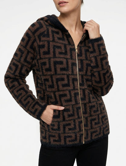 Grafisch bedrukte hoodie van pluizig breisel - Bruin