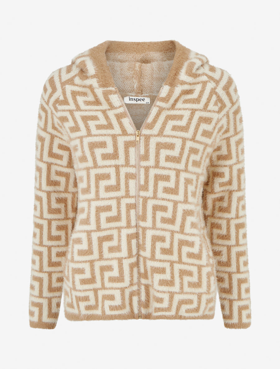 Sweat à capuche en maille duveteuse imprimé graphique - Camel - 1