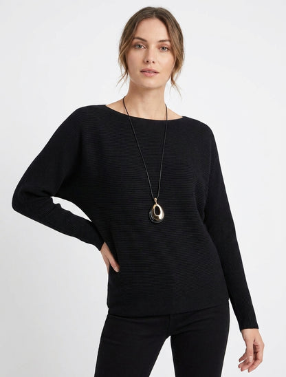 Pull droit en maille côtelée à manches chauve-souris - Noir