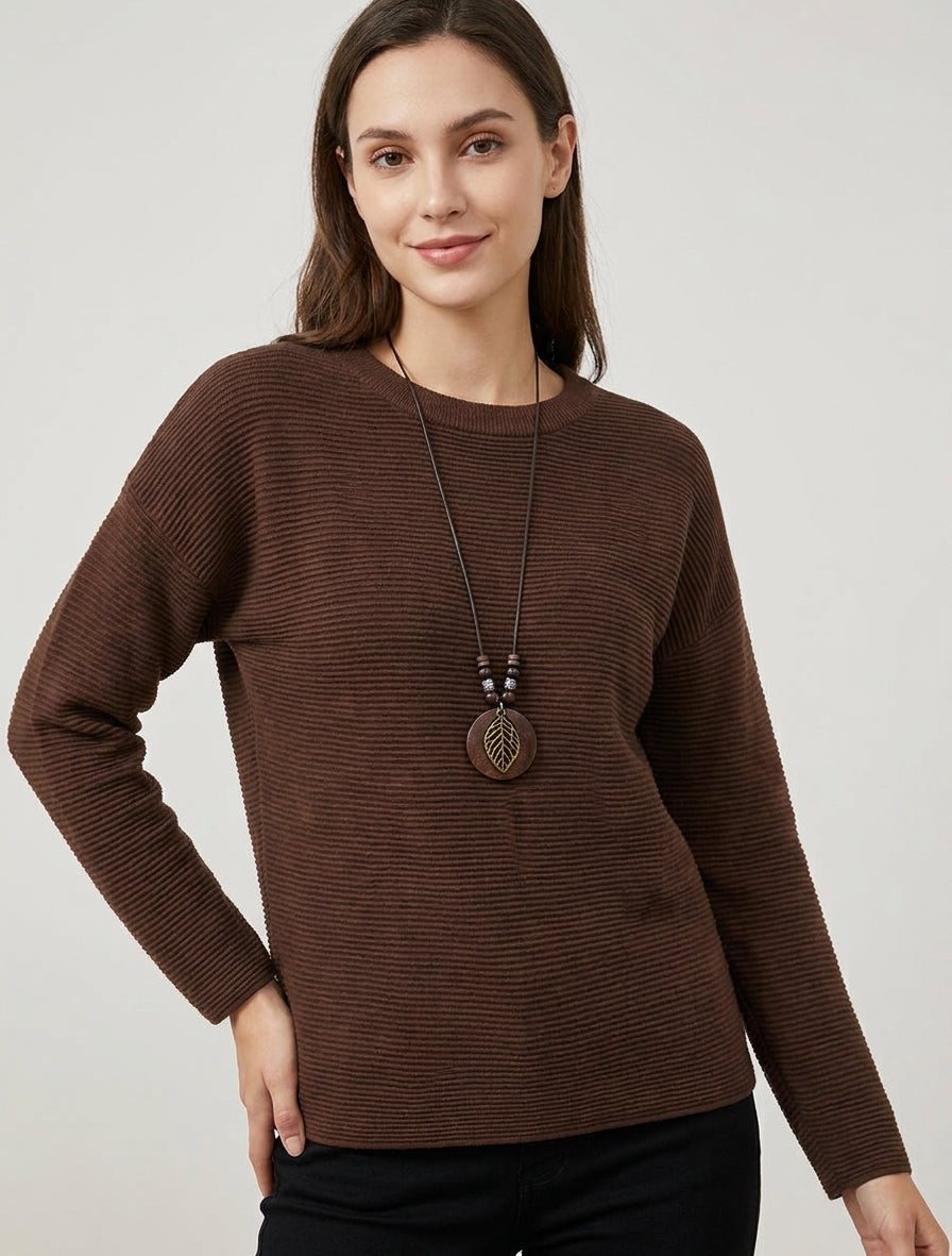 Pull droit en maille côtelée - Marron