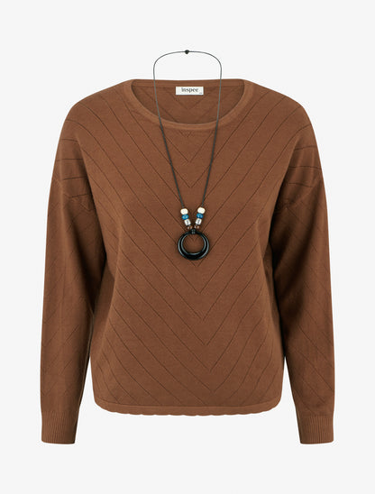 Pull droit en maille stylisée à col rond - Camel - 1