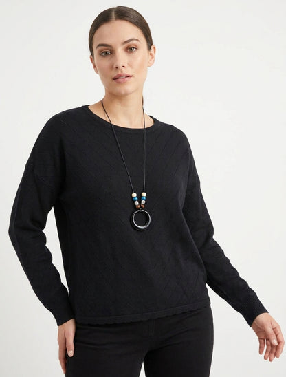 Pull droit en maille stylisée à col rond - Noir