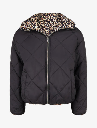Doudoune zippée matelassée avec doublure léopard - Noir - 1