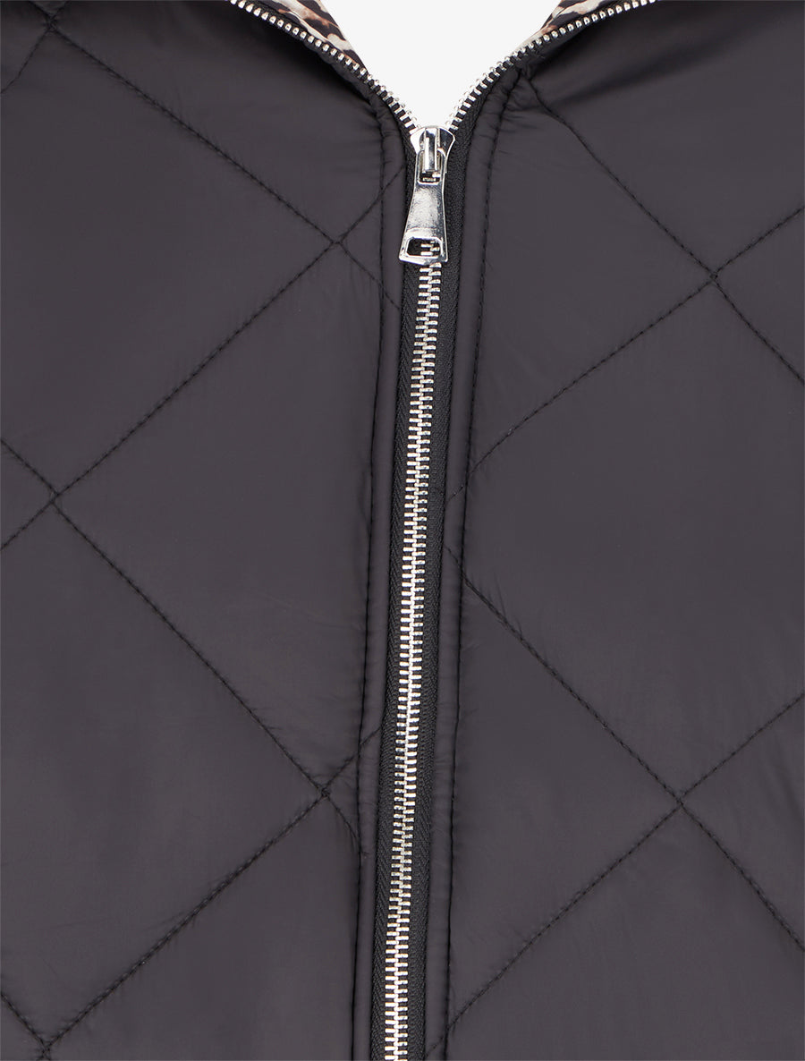 Doudoune zippée matelassée avec doublure léopard - Noir - 3
