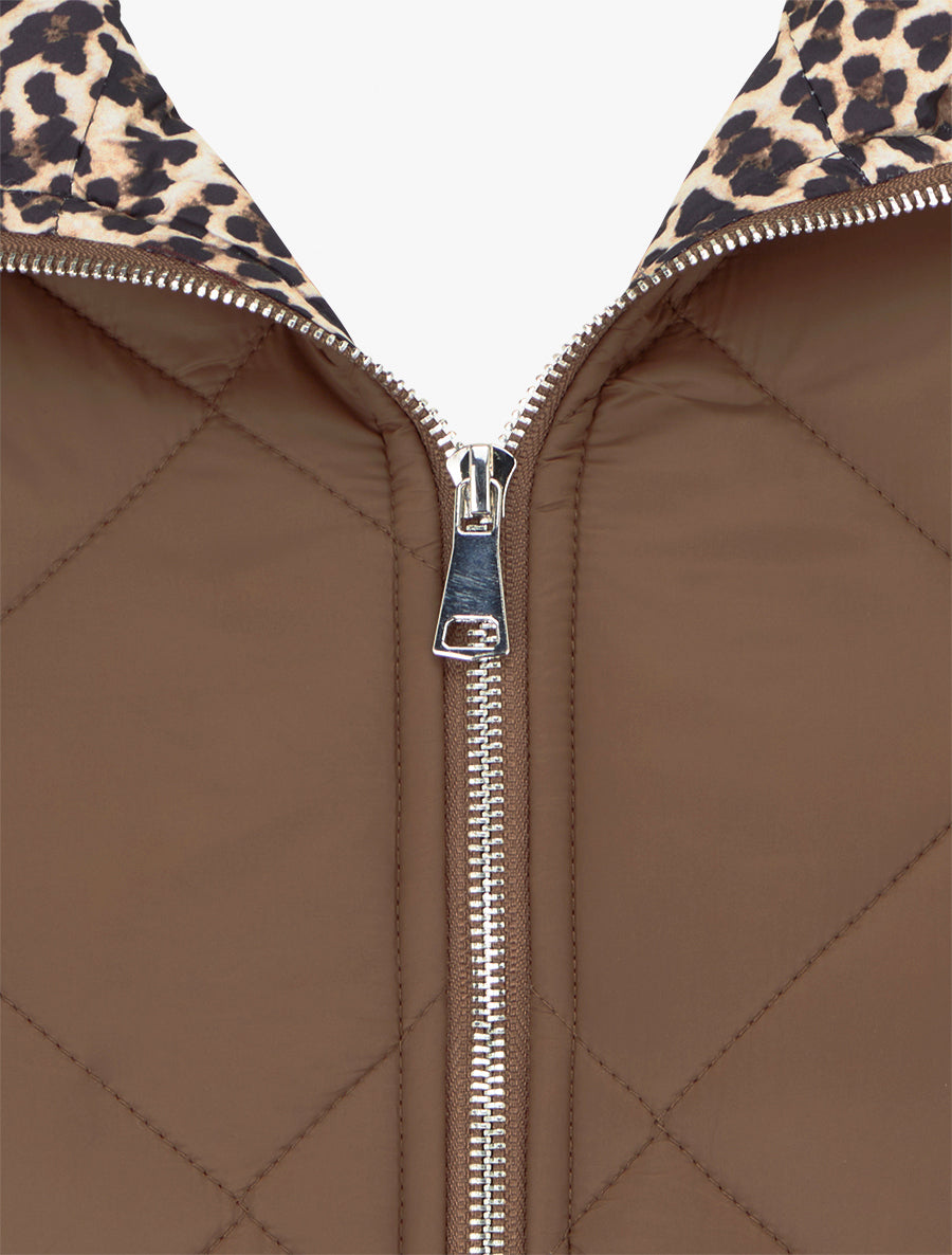 Doudoune zippée matelassée avec doublure léopard - Marron clair - 3