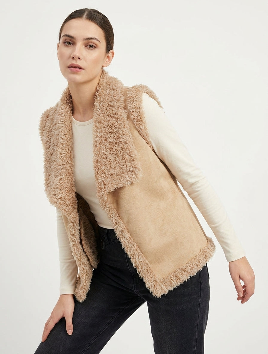Veste sans manches effet daim - Beige
