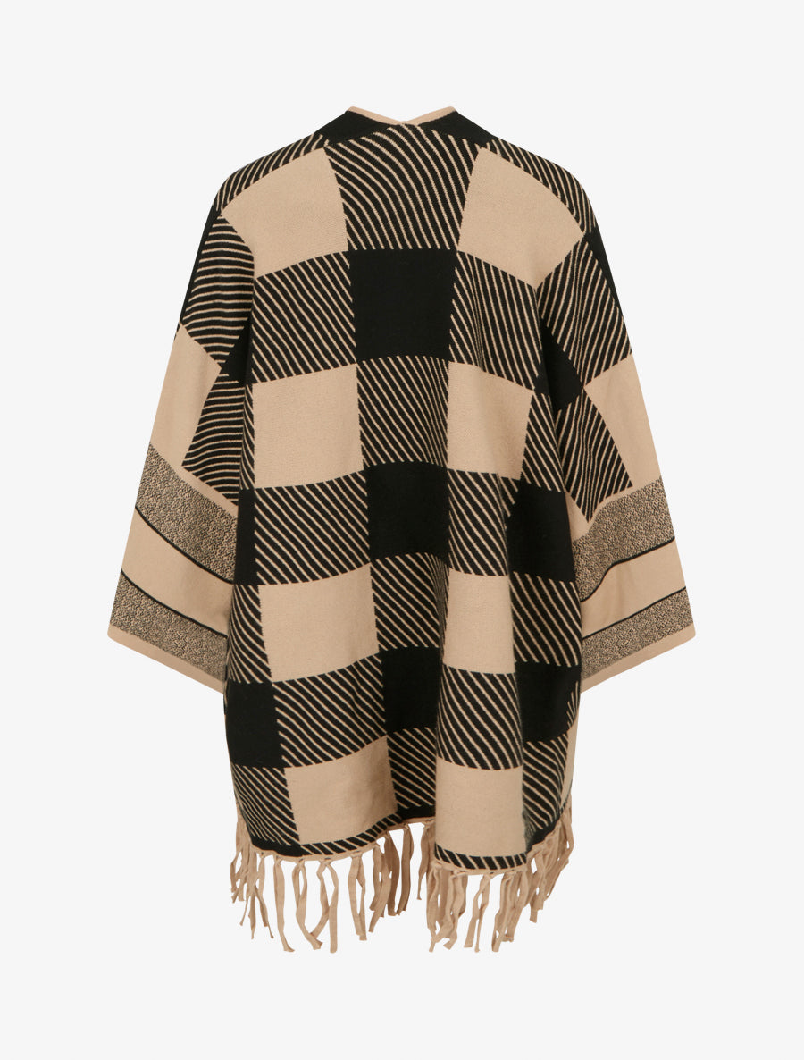 Poncho à imprimé graphique et franges - Beige - 2