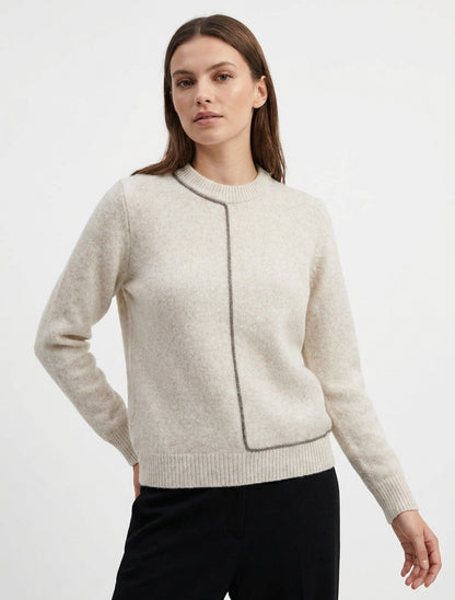 Trui van gemengde wol met ronde hals en contrasterende bies. - Beige