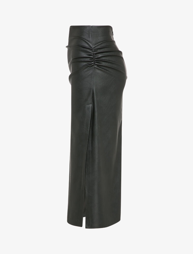 Jupe crayon en simili fendue à fronces - Noir - 3