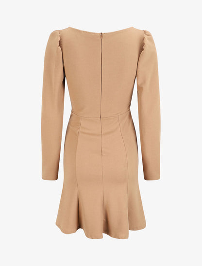 Robe volantée à manches gigot - Camel - 2