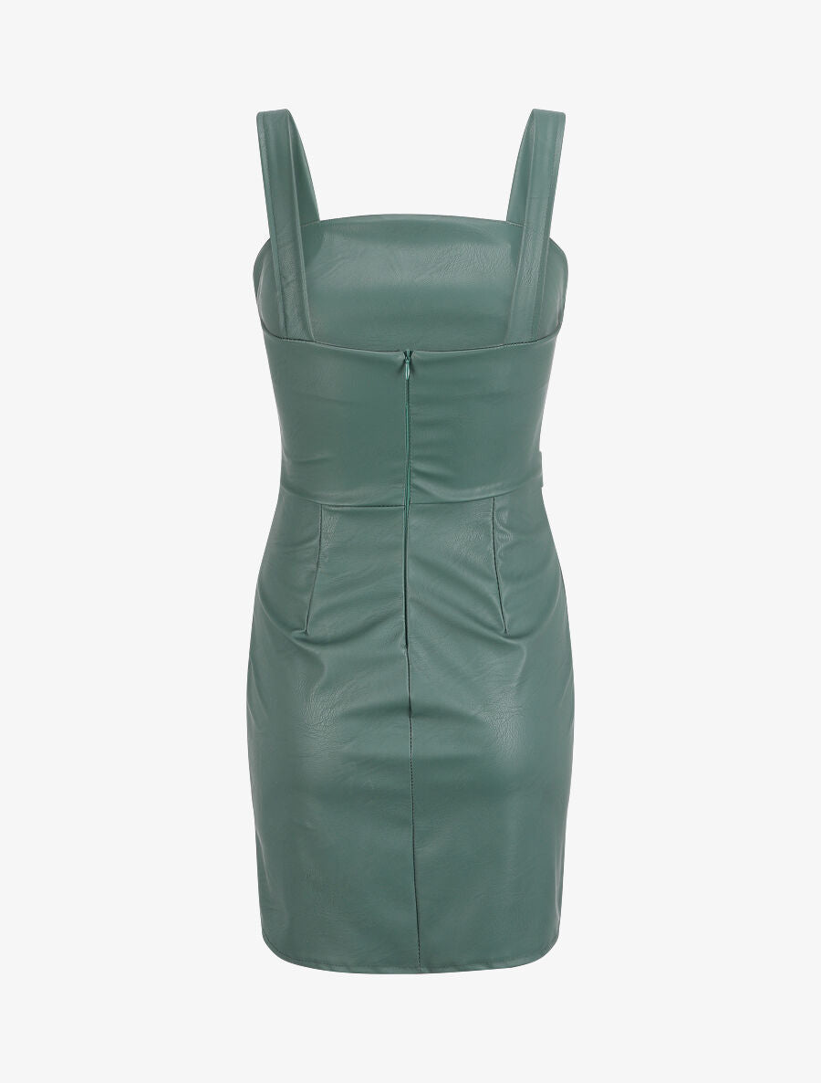 Robe en simili à taille marquée - Vert bouteille - 2