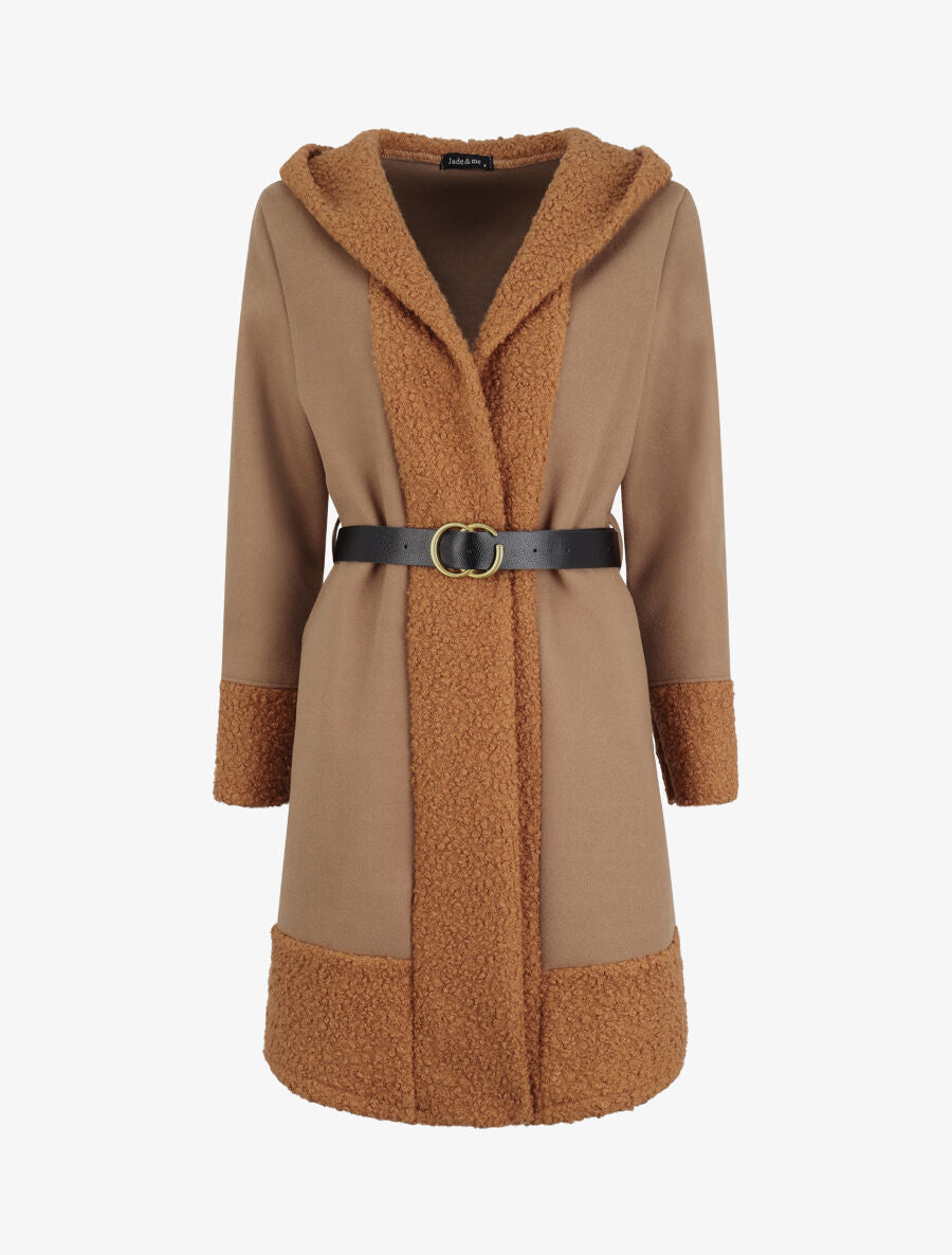 Manteau à capuche et détail laine bouclée - Camel - 1