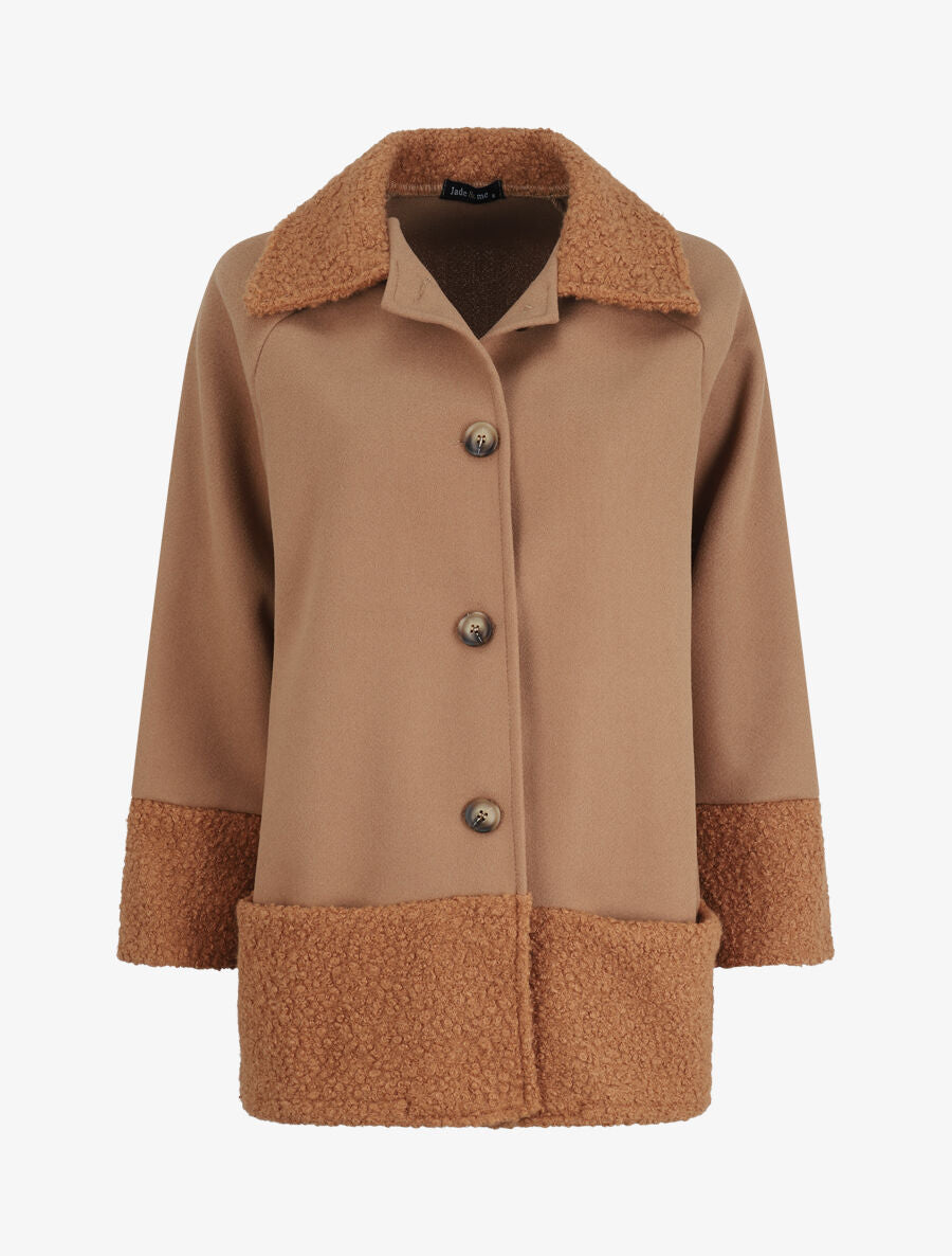 Manteau boutonné à détail laine bouclée - Camel - 5