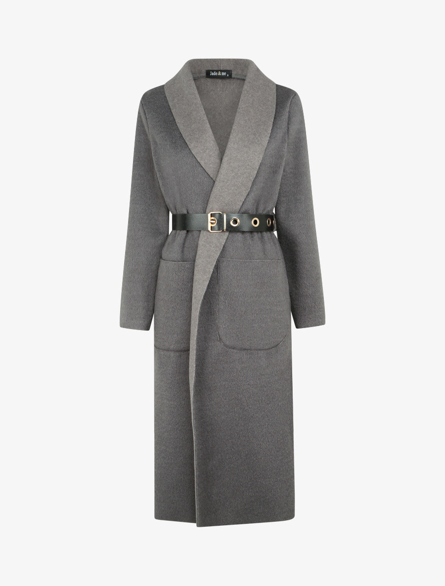 Manteau long et duveteux à col châle - Gris - 1