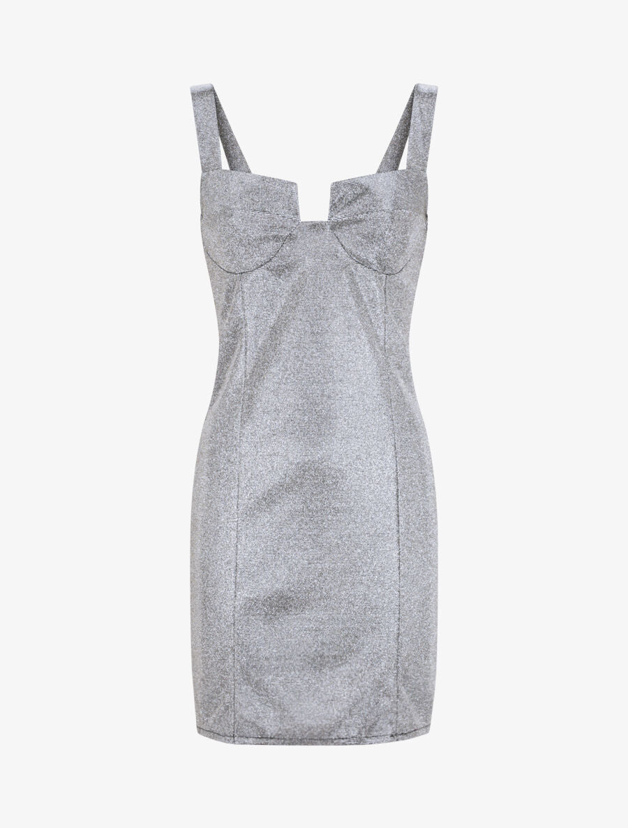 Robe fourreau pailletée à col bustier - Argent - 3