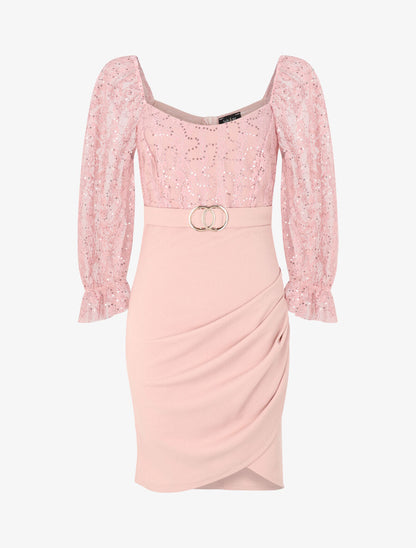 Robe drapée à buste en dentelle et sequins - Rose poudré - 1