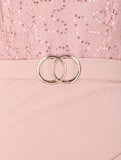 Robe drapée à buste en dentelle et sequins - Rose poudré - 3