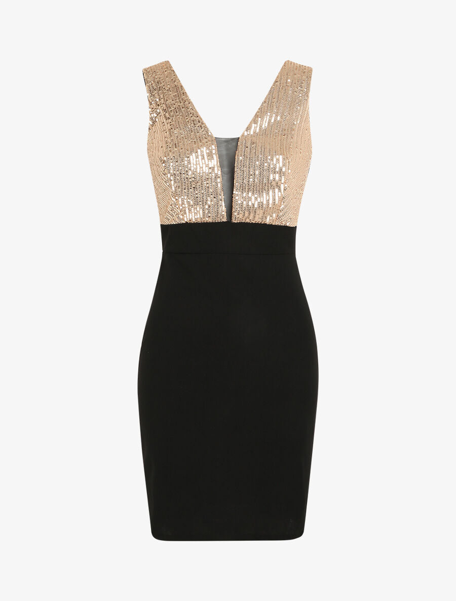 Robe fourreau à buste en sequins - Noir/or - 1
