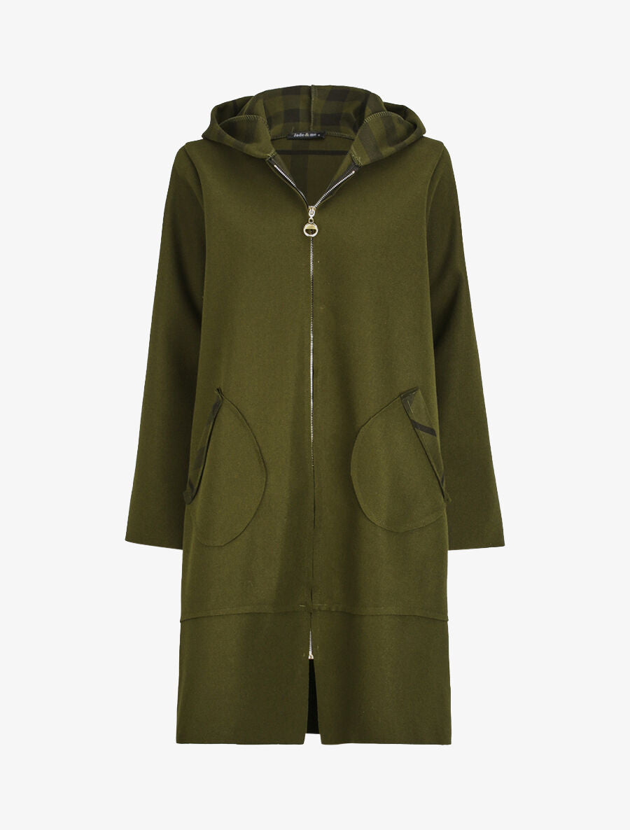 Manteau à capuche et détails imprimé carreaux - Kaki - 1