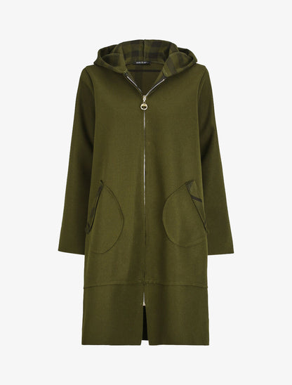 Manteau à capuche et détails imprimé carreaux - Kaki - 1