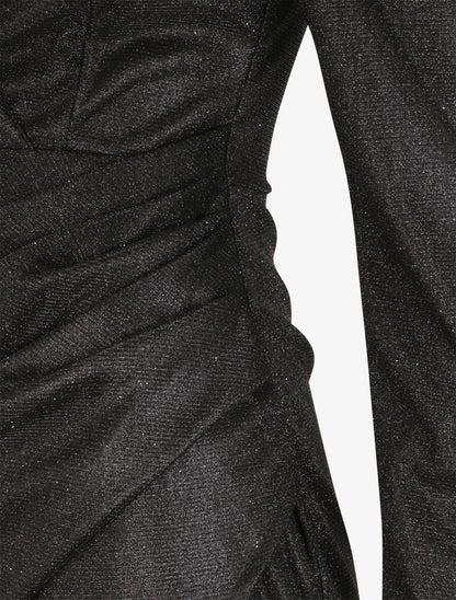 Robe drapée à manches gigot et paillettes - Noir - 3