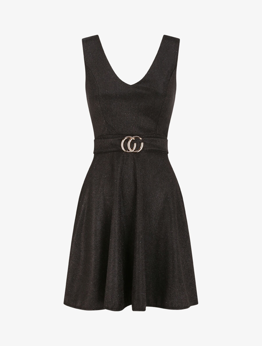 Robe à col V et paillettes - Noir - 4