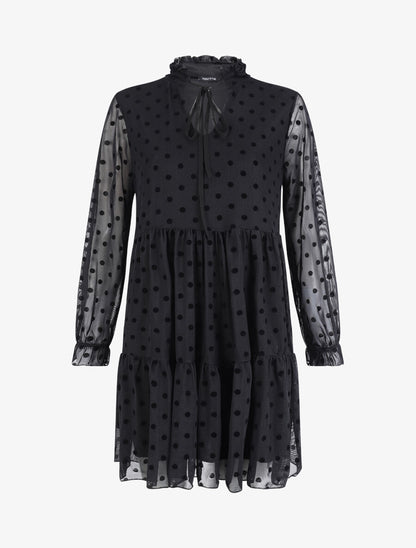 Robe plumetis à col volanté - Noir - 1