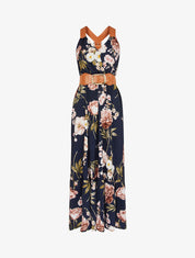 Robe à imprimés et bretelles simili - Marine - 1