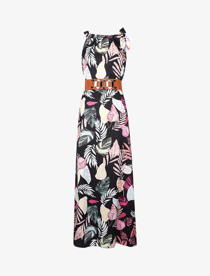 Robe longue satinée à imprimé tropical - Noir - 1