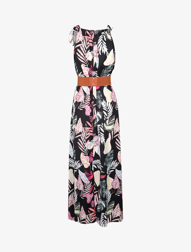 Robe longue satinée à imprimé tropical - Noir - 2