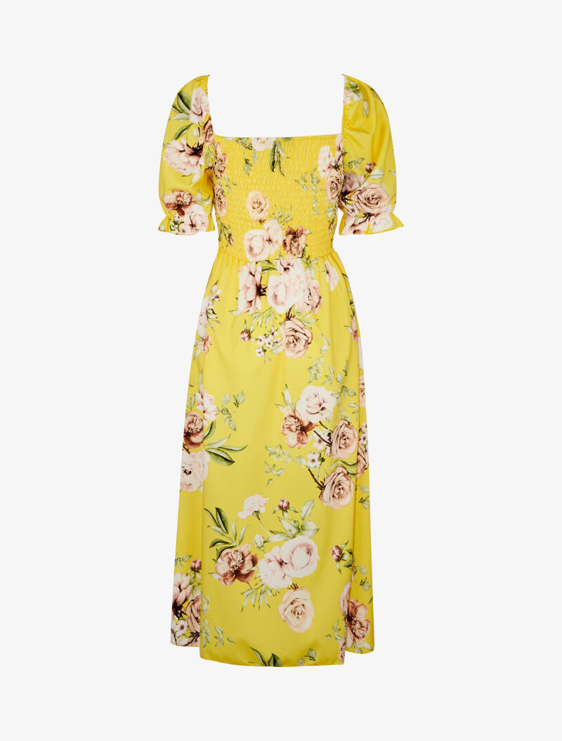 Robe imprimée à buste élastiqué - Jaune - 2