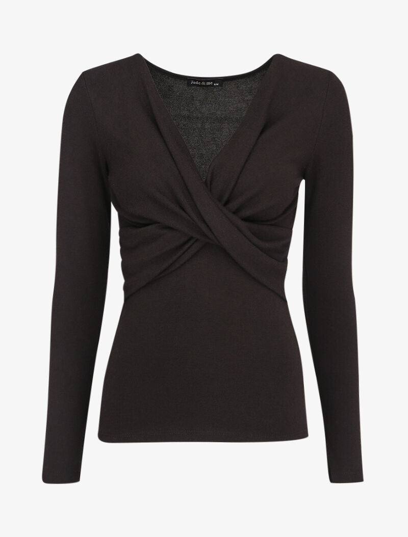Pull fin à encolure cache-coeur effet drapé - Noir - 1