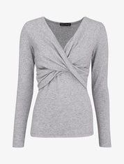 Pull fin à encolure cache-coeur effet drapé - Gris chiné - 4