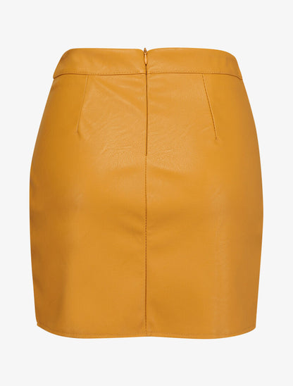 Mini jupe en simili à boutons décoratifs et fente en dentelle - Moutarde - 2