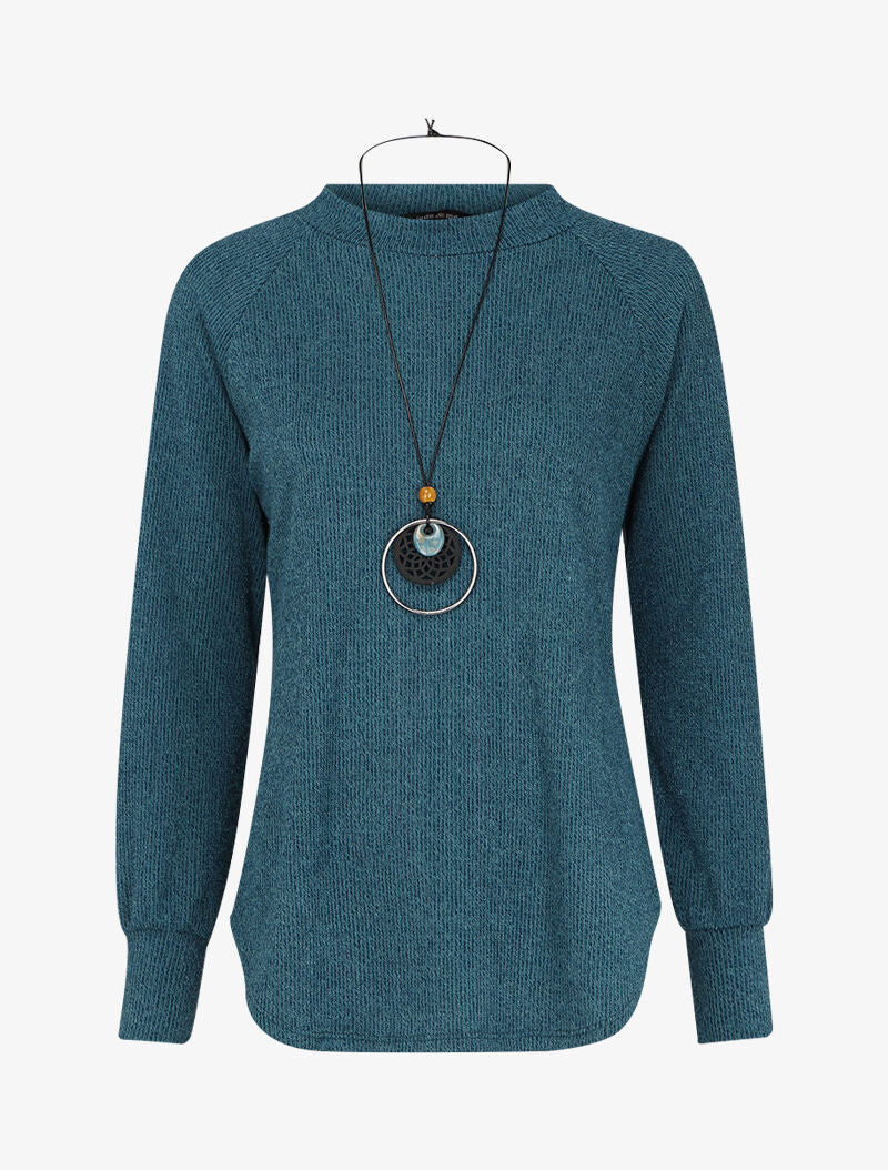 Pull côtelé à manches raglan et bords arrondis - Bleu canard - 4