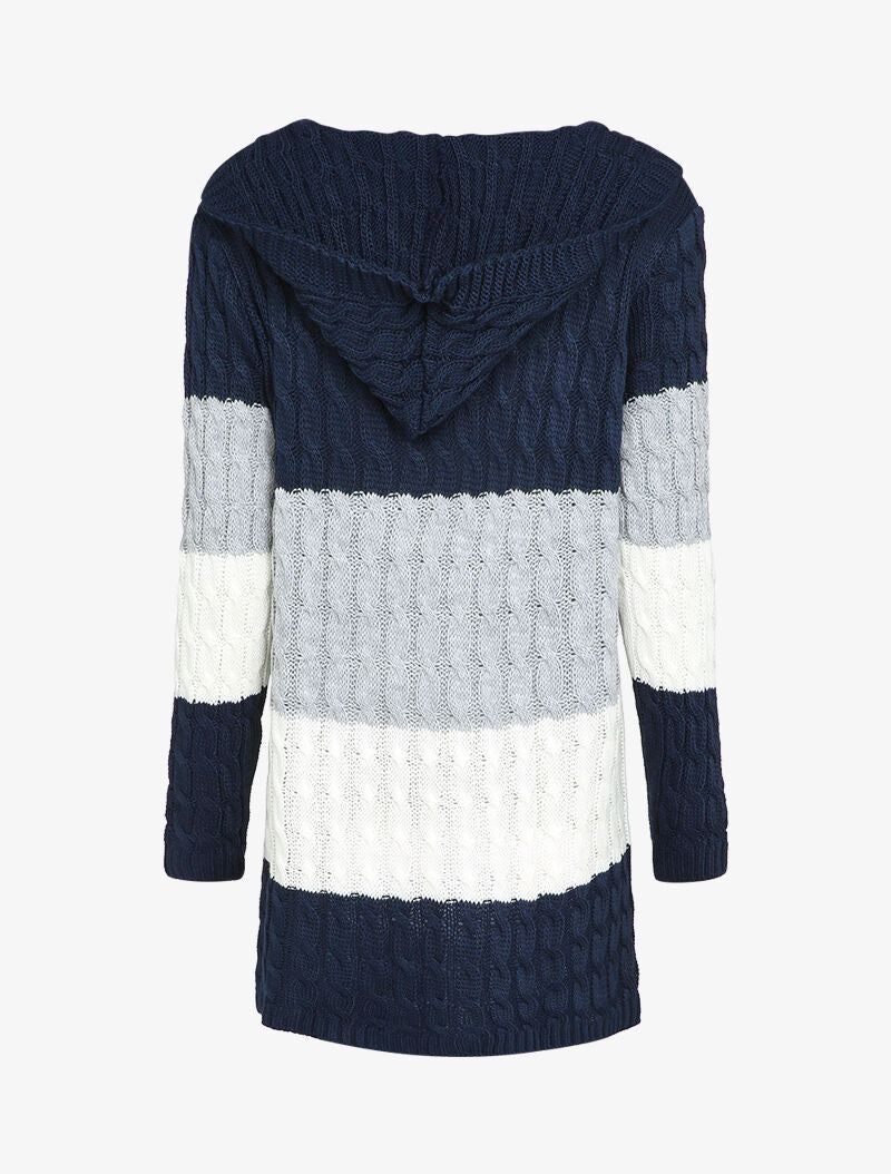Gilet mi-long à capuche en maille tressée rayée - Marine - 2