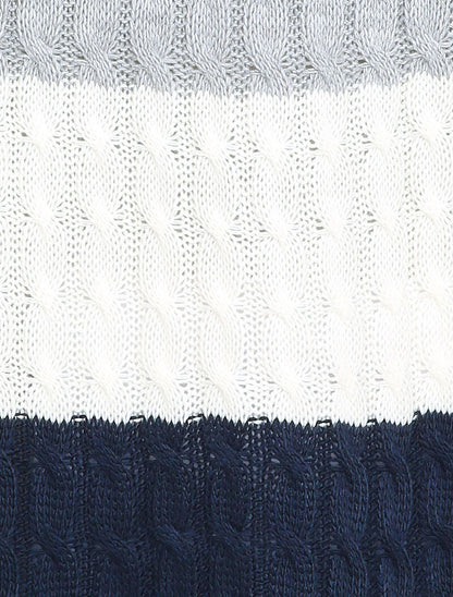 Gilet mi-long à capuche en maille tressée rayée - Marine - 3