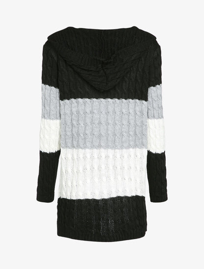 Gilet mi-long à capuche en maille tressée rayée - Noir - 2