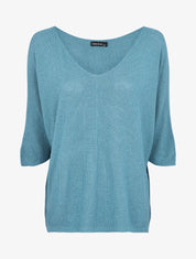 Pull loose en maille fine à manches 3/4 - Bleu charrette - 1