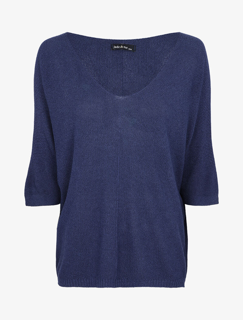 Pull loose en maille fine à manches 3/4 - Marine - 4