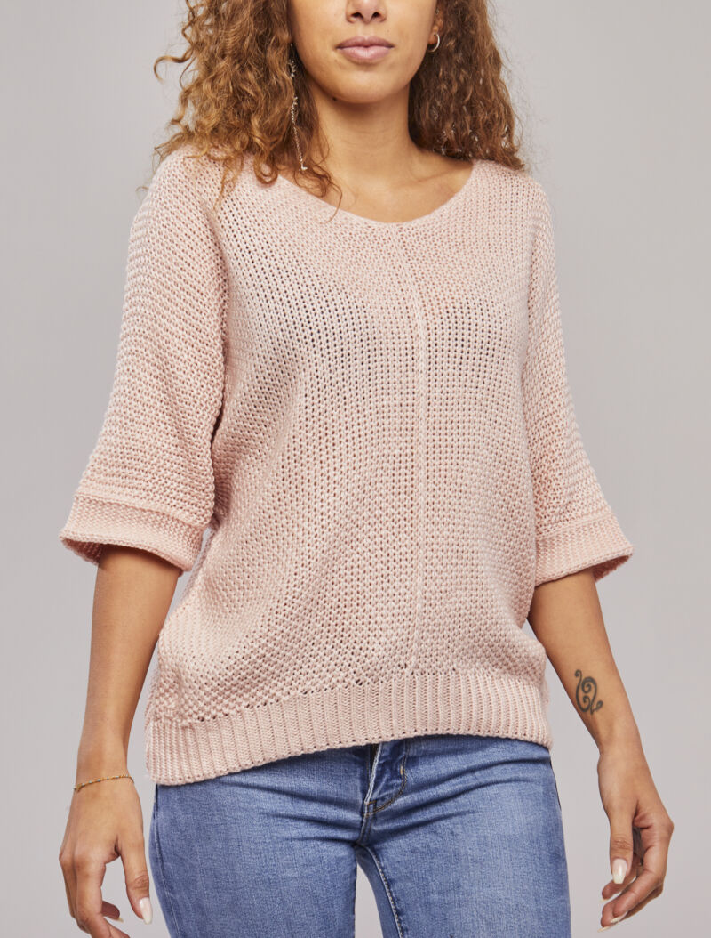 Pull oversize à manches 3/4 et col U - Rose poudré - 4