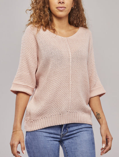 Pull oversize à manches 3/4 et col U - Rose poudré - 4