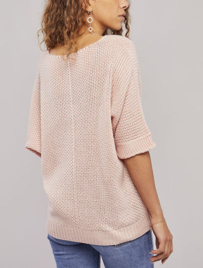 Pull oversize à manches 3/4 et col U - Rose poudré - 5